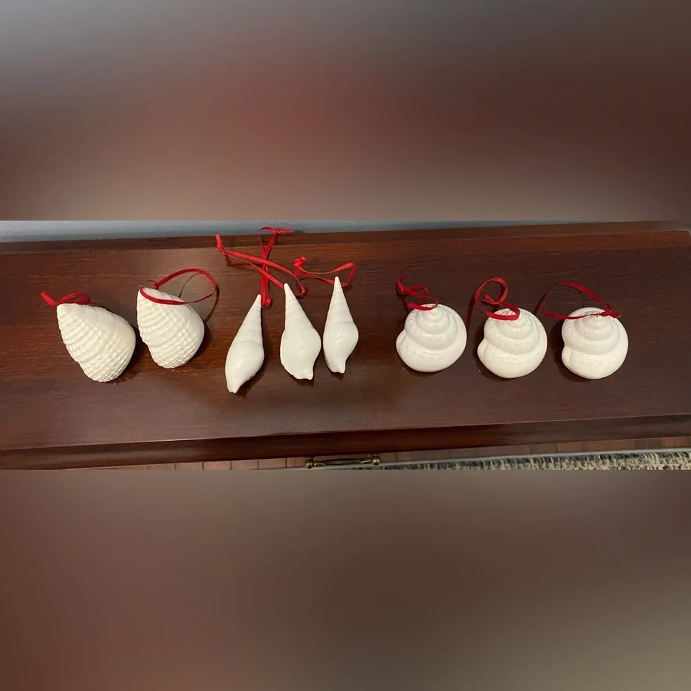 Midwest Nautical Sea Shells Cream Red Ribbon Beach Set of 8 Christmas Ornaments